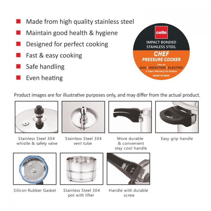 Cello Impact Bonded Stainless Steel Chef Pressure Cooker Outer